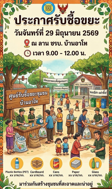 ประกาศรับซื้อขยะ วันจันทร์ที่ 29 มิ.ย 69 ณ บ้านอาโห