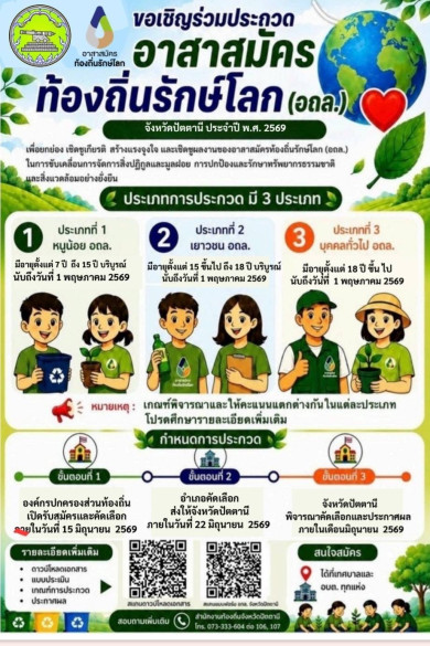 ขอเชิญชวนเข้าร่วมประกวดอาสาสมัครท้องถิ่นรักษ์โลก (อถล) จังหวัดปัตตานี ประจำปี 2569